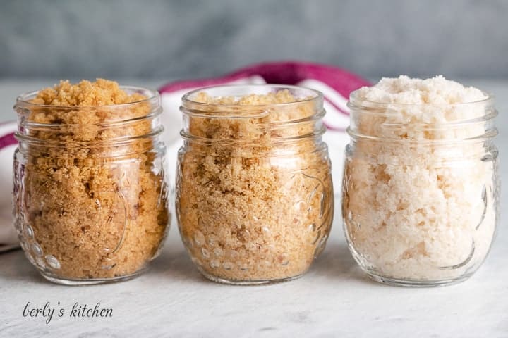 All 3 varieties of how to make homemade sugar without molasses in mason jars.