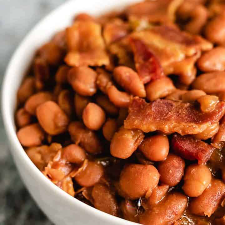 A close-up photo of the baked beans.