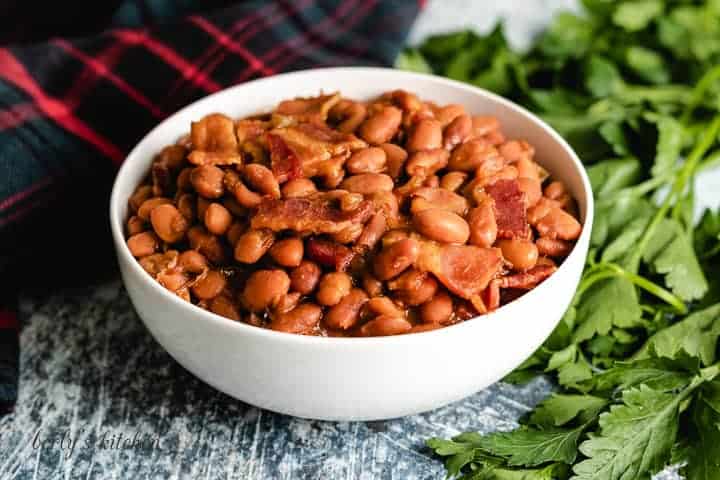 The finished instant pot baked beans in a large bowl.