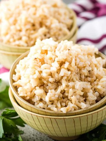 Instant Pot brown rice in a yellow bowl.