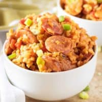 Instant Pot Sausage and Chicken jambalaya in a white bowl.