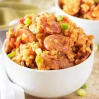 Instant Pot Sausage and Chicken jambalaya in a white bowl.
