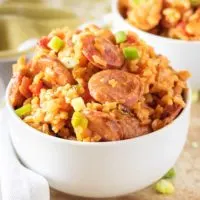 Instant pot sausage and chicken jambalaya in a white bowl.