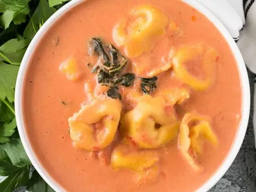 Top down view of a bowl of Instant Pot tortellini soup.