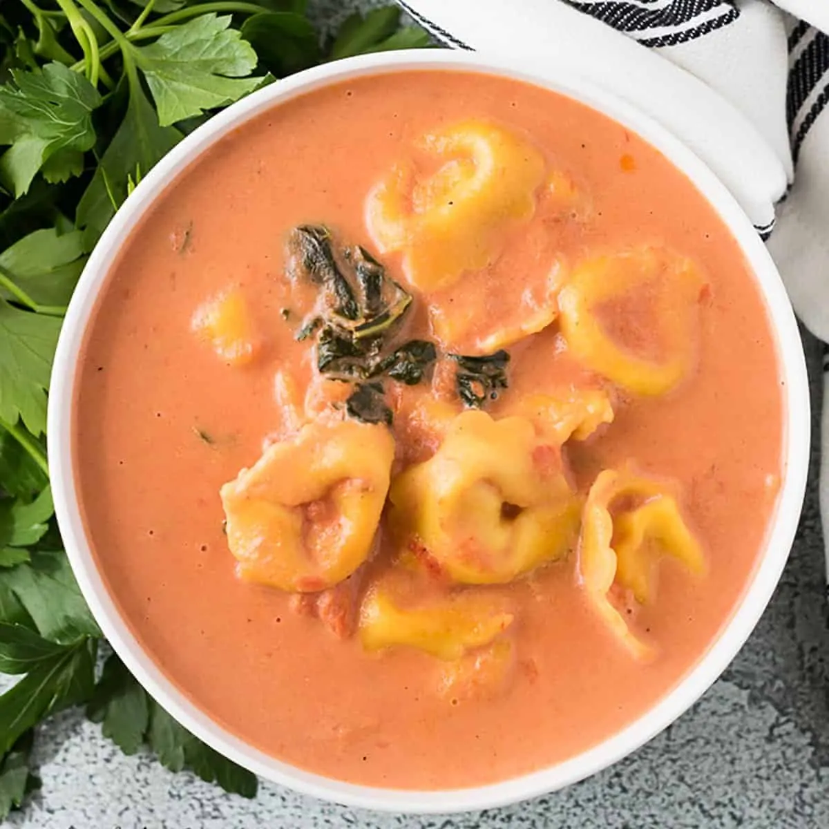 Top down view of a bowl of Instant Pot tortellini soup.