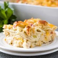 King Ranch chicken casserole cooling in baking dish, used for recipe card image.