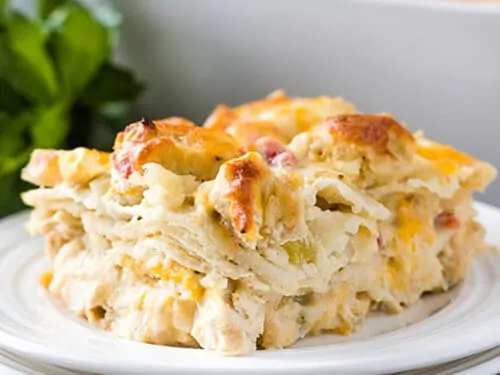 King Ranch chicken casserole cooling in baking dish, used for recipe card image.