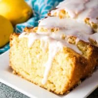 Slice lemon quick bread drizzled with a sweet glaze.