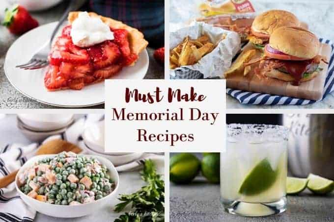 Strawberry pie, burgers, pea salad, and margaritas in a photo collage.