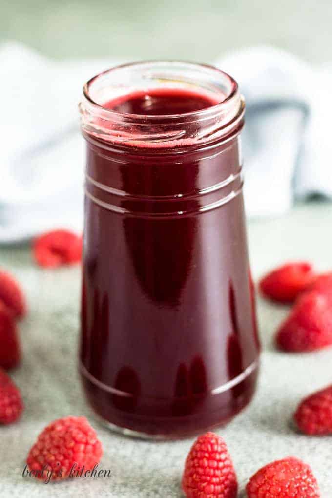 The finished flavored syrup stored in a jar.