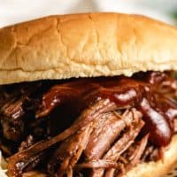 A close-up of the shredded BBQ beef sandwich.