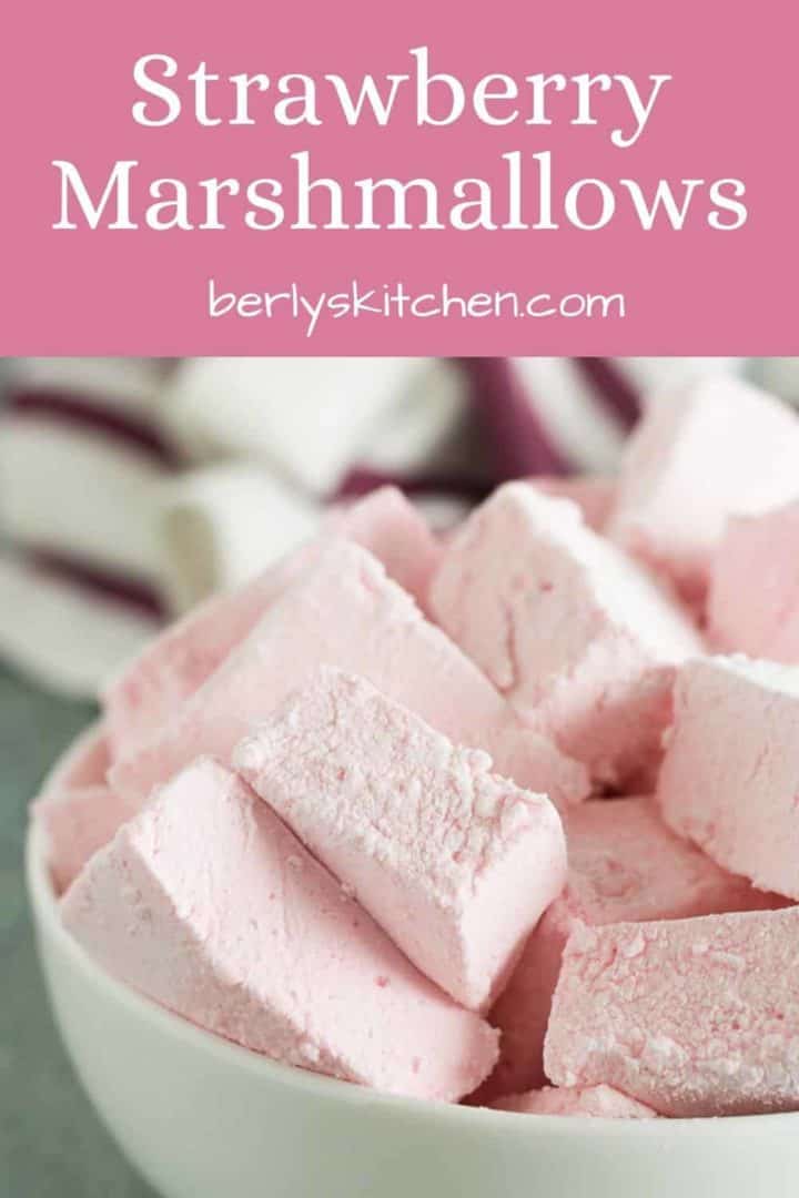 The finished homemade strawberry marshmallows in a bowl.