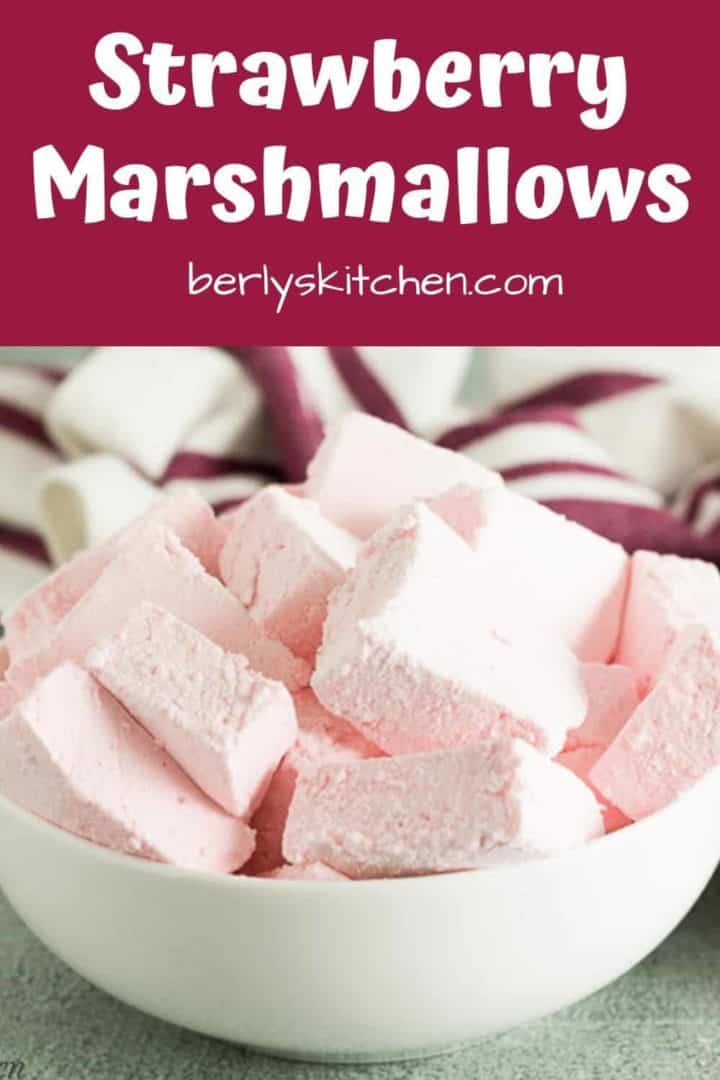The strawberry marshmallows tossed in powdered sugar.