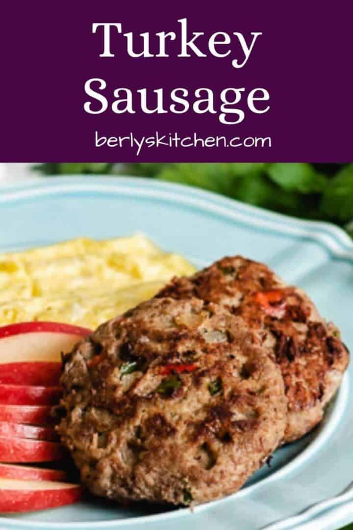 The turkey sausage served with apples and scrambled eggs.