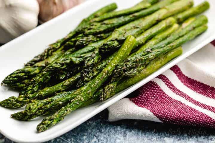 The air fryer asparagus in a long serving dish.