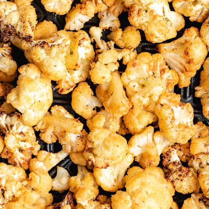 Air Fryer Cauliflower Florets A close-up view of the cooked cauliflower.