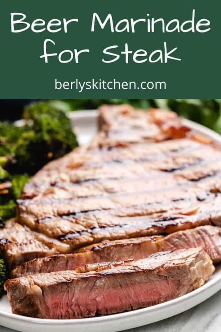 Grilled beer marinated steak served with roasted broccoli.