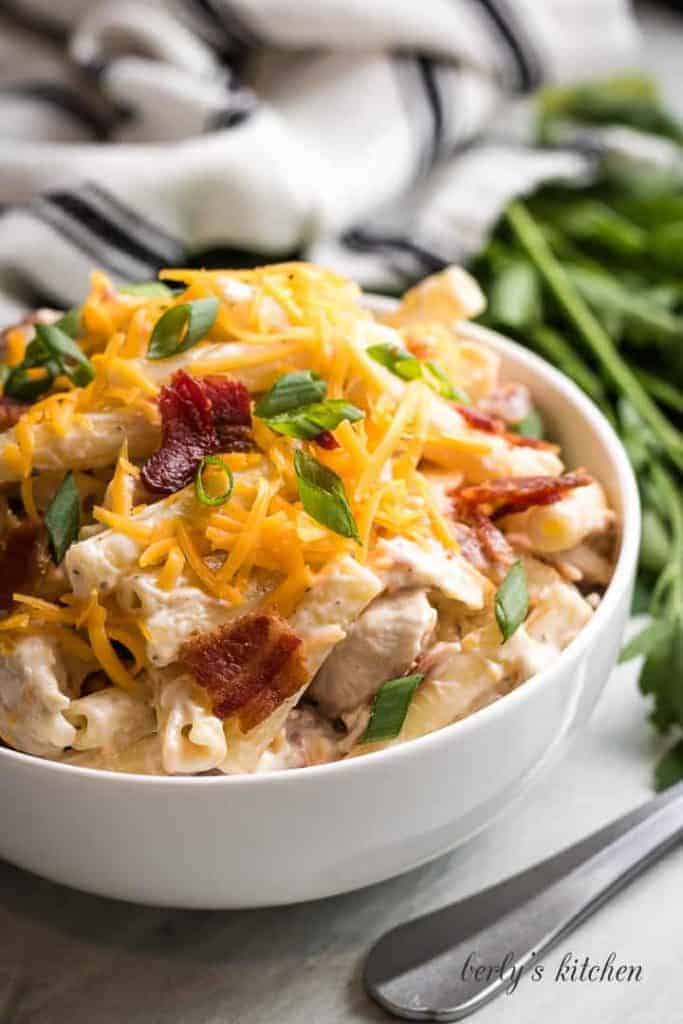 The finished chicken bacon pasta in a bowl.