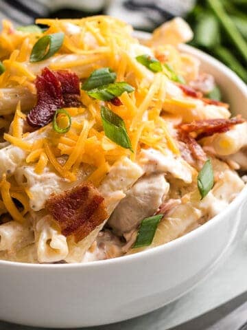 The cold chicken bacon ranch pasta in a bowl.