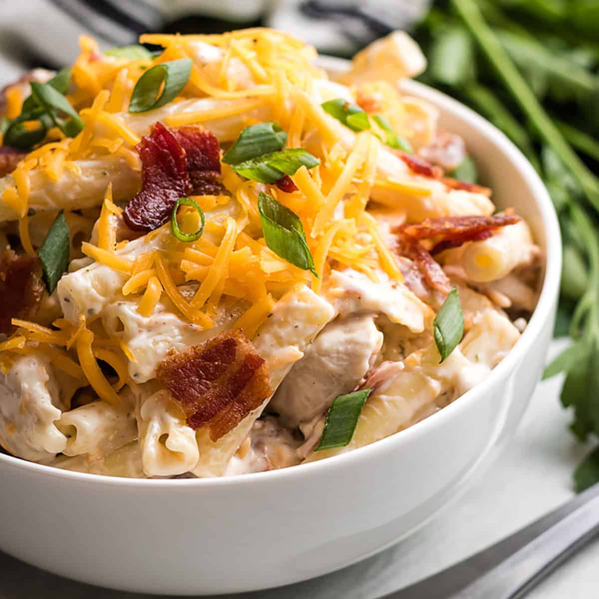 The cold chicken bacon ranch pasta in a bowl.