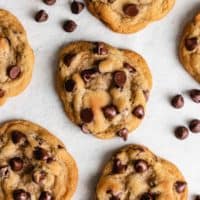 Top-down of the baked chocolate chip cookies.