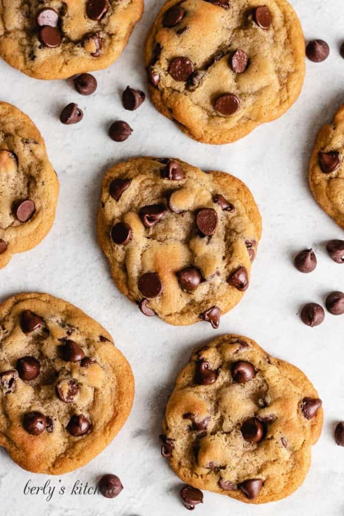 Top-down of the baked chocolate chip cookies.