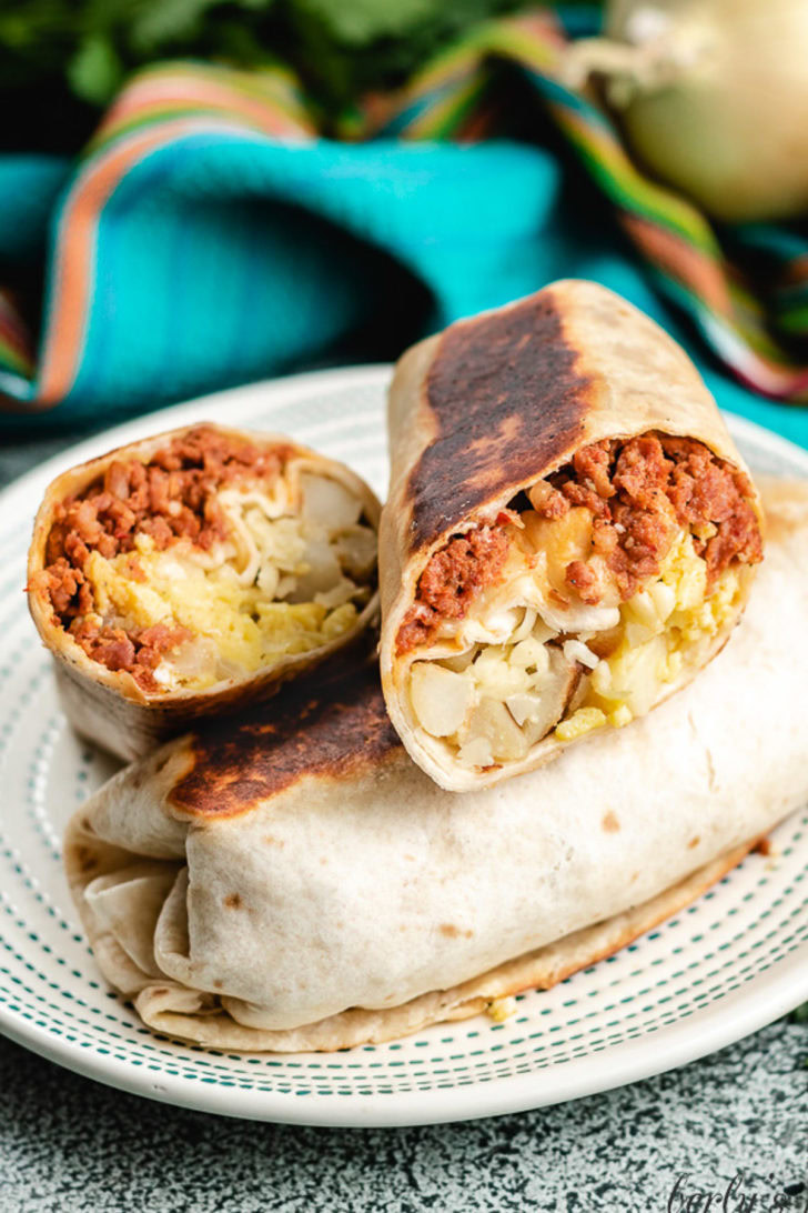 Burritos filled with sausage, eggs, potatoes, and cheese.