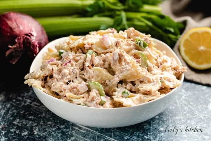 The finished crab salad served in a large bowl.