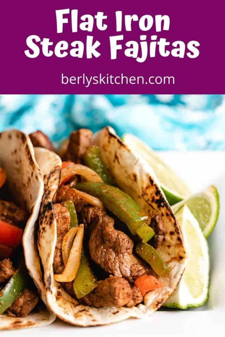 Close-up photo of a flat iron steak fajita on a platter.