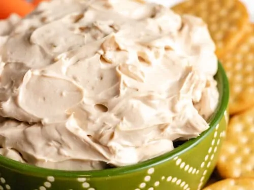 A close-up view of the creamy french onion dip in a serving bowl.