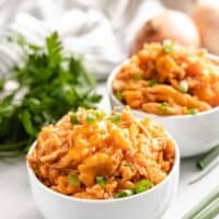 Buffalo chicken and rice with green onions