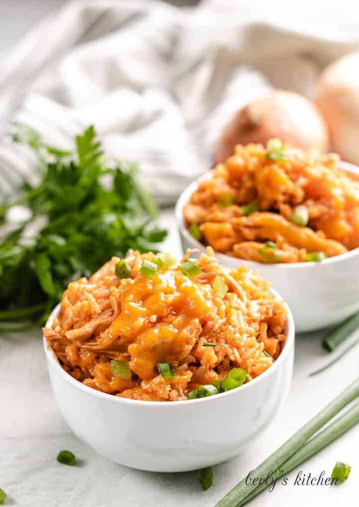 Buffalo chicken and rice with green onions
