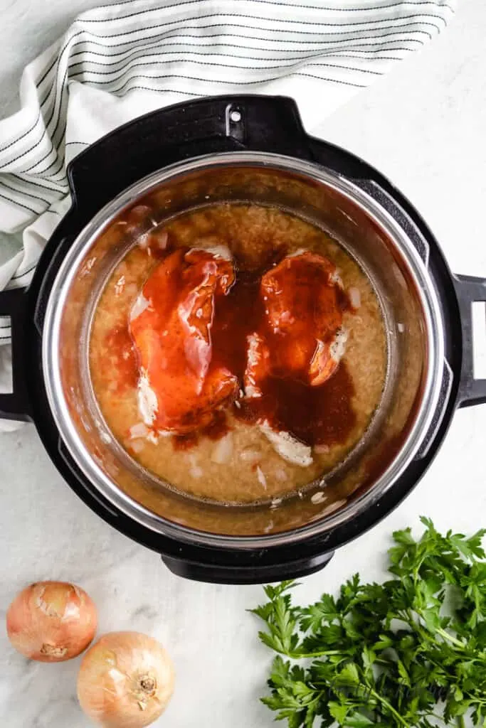 Chicken and rice with buffalo sauce in the Instant Pot.