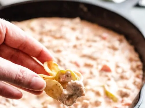 A chip being dipped into the warm cheese dip.