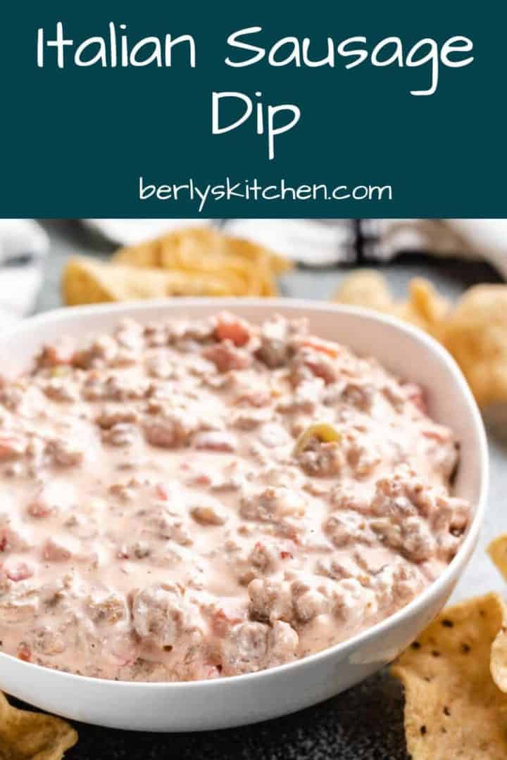 The Italian sausage dip being served with tortilla chips.