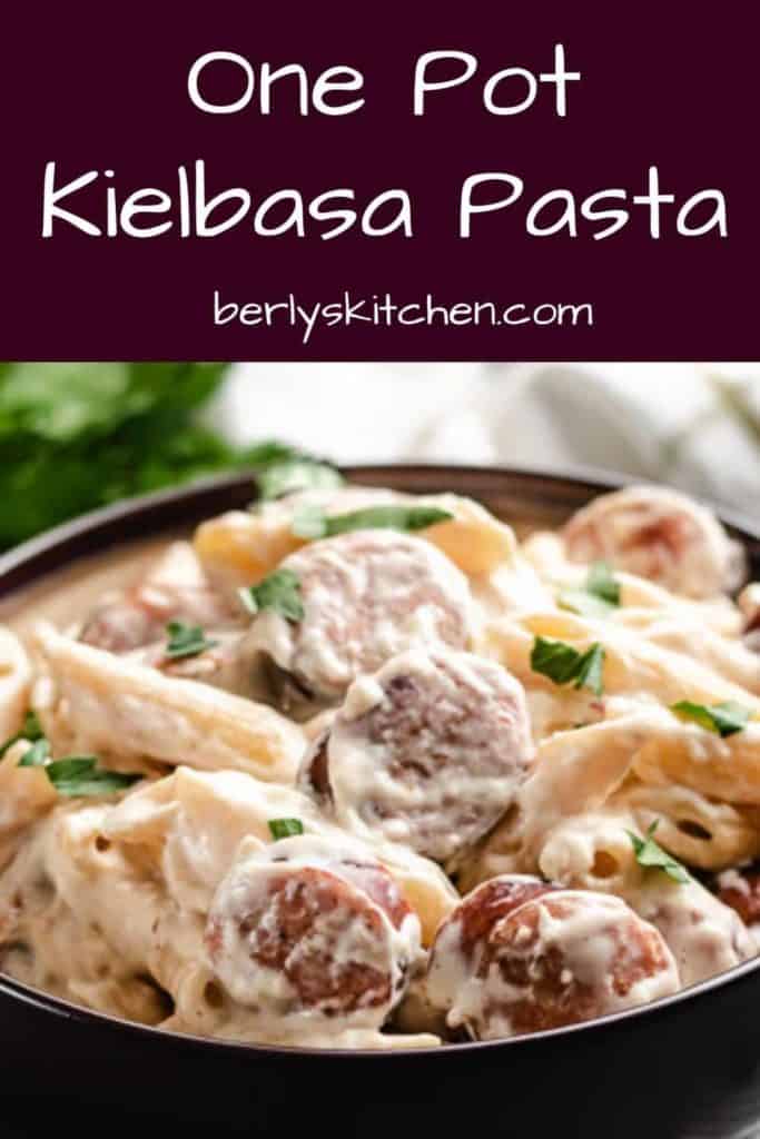 A close-up of the one-pot creamy kielbasa pasta.