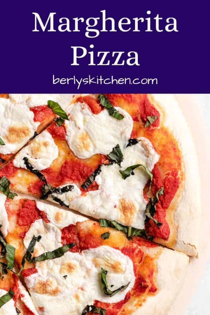 An Margherita pizza cooked and sliced on a pizza stone.