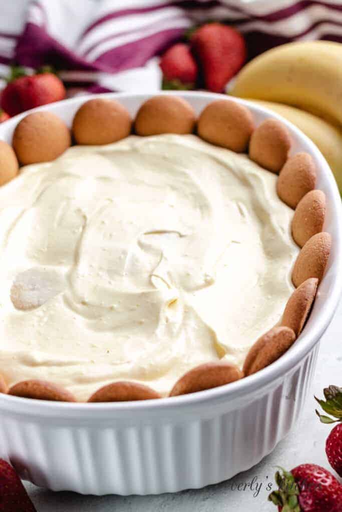 The dessert has been transferred to a large baking dish.