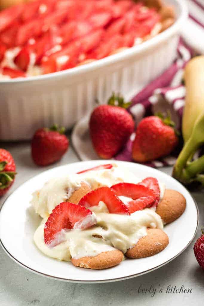 A serving of the dessert on a decorative plate.