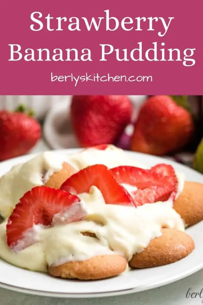 An up-close view of the strawberry banana pudding on a plate.