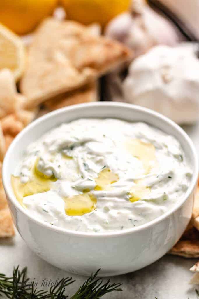 close-up of the dip showing fresh dill.