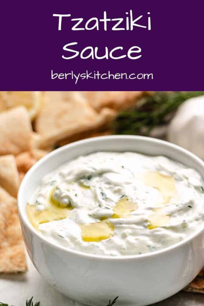 The tzatziki sauce with sour cream in a bowl.