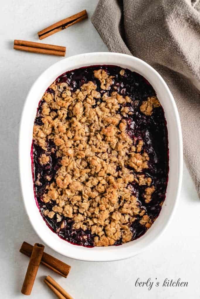 An aerial view of the fresh baked berry crisp.