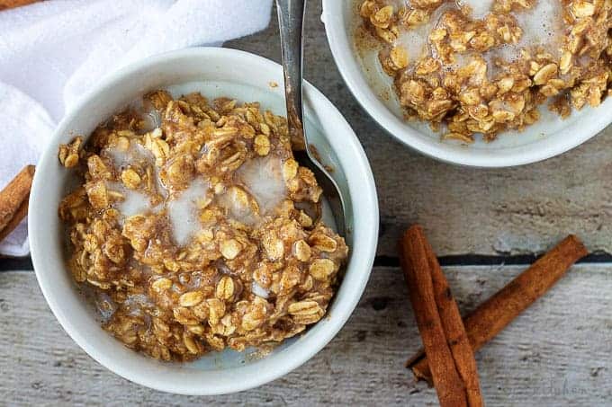 Top down view of a bowl of cinnamon oatmeal.