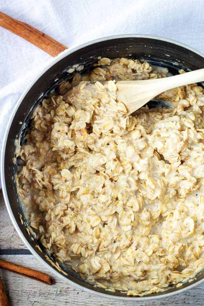 Top down view of cooked oatmeal in a pan.