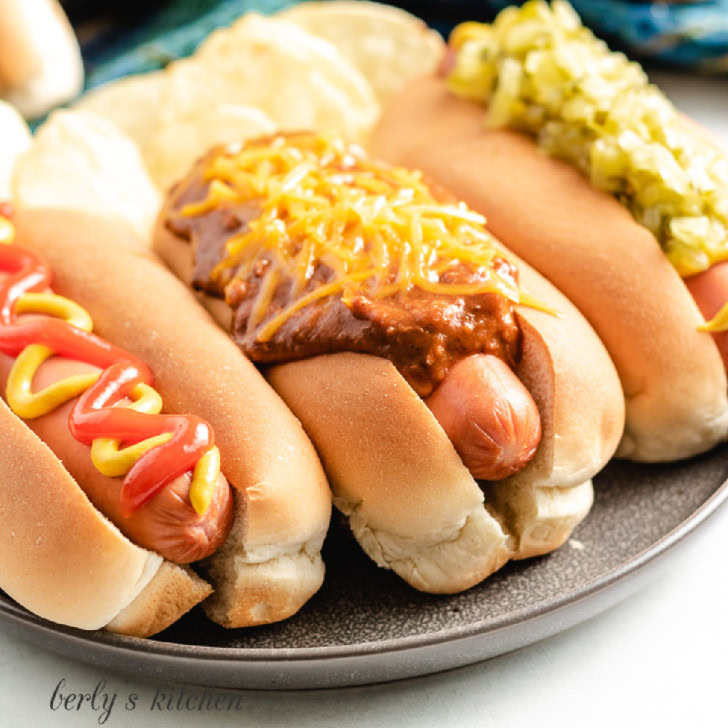 The finished Instant Pot hot dogs with condiments.