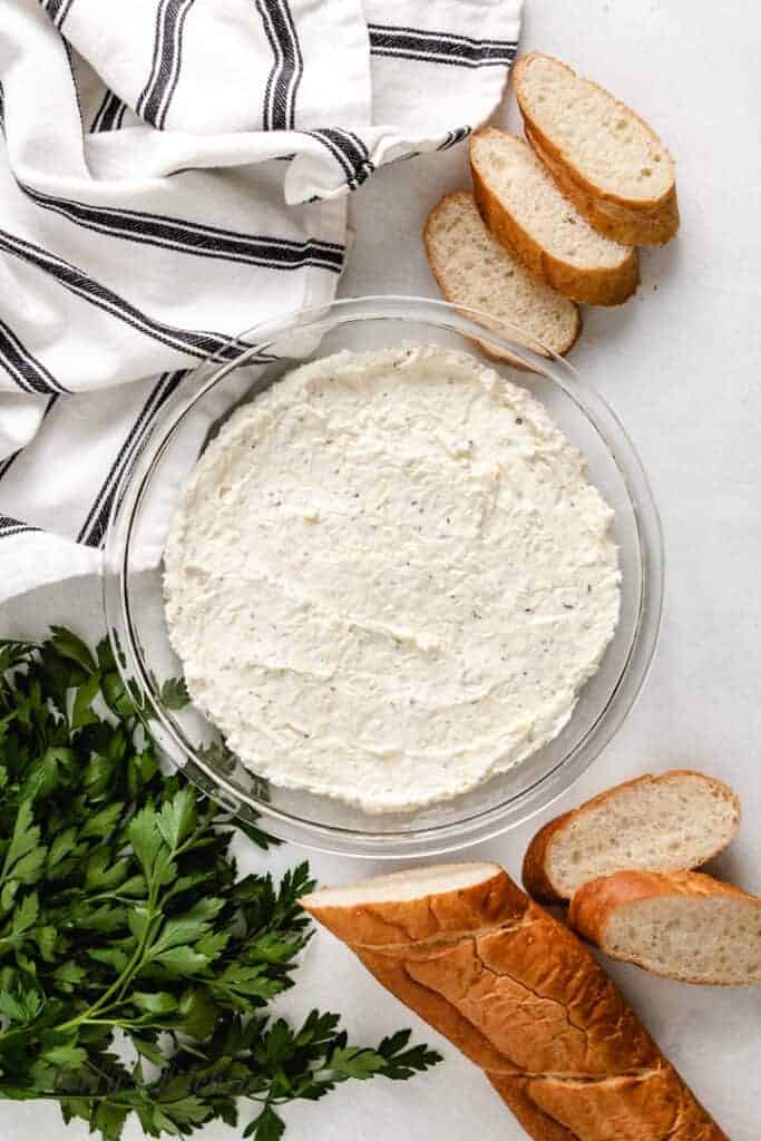 The dip mixture transferred to a pie dish.