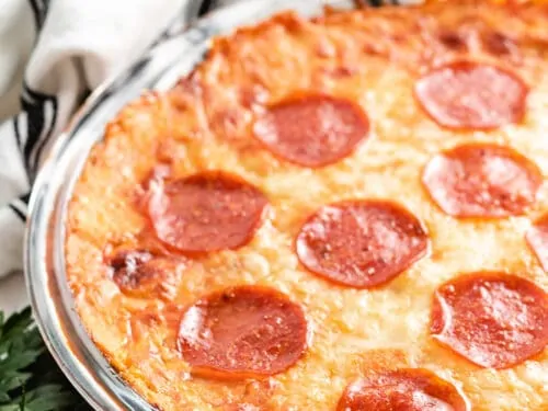 The finished dip being served in a 9 inch pie pan.