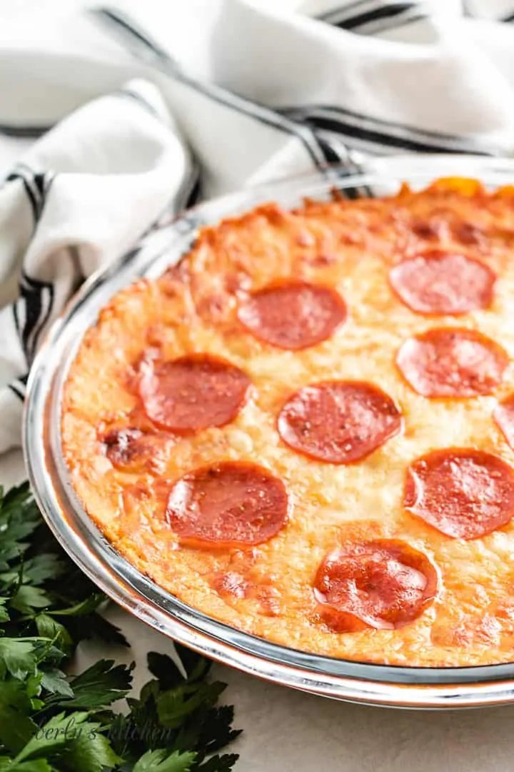 The finished dip being served in a 9 inch pie pan.