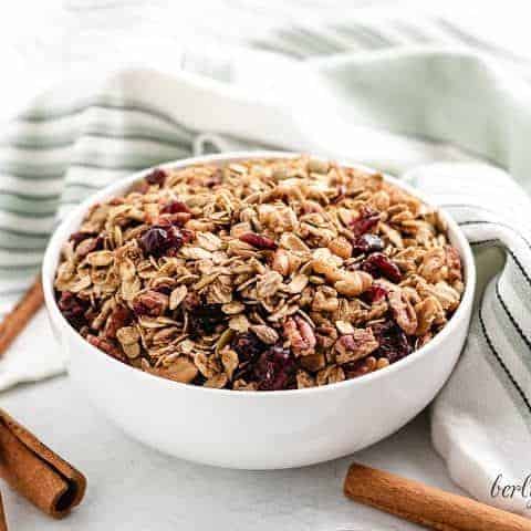 Pumpkin Spice Granola A small bowl filled with pumpkin spice granola.